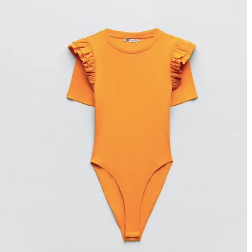 Zara Vibrant Orange Short Ruffle Sleeves Bodysuit - size S